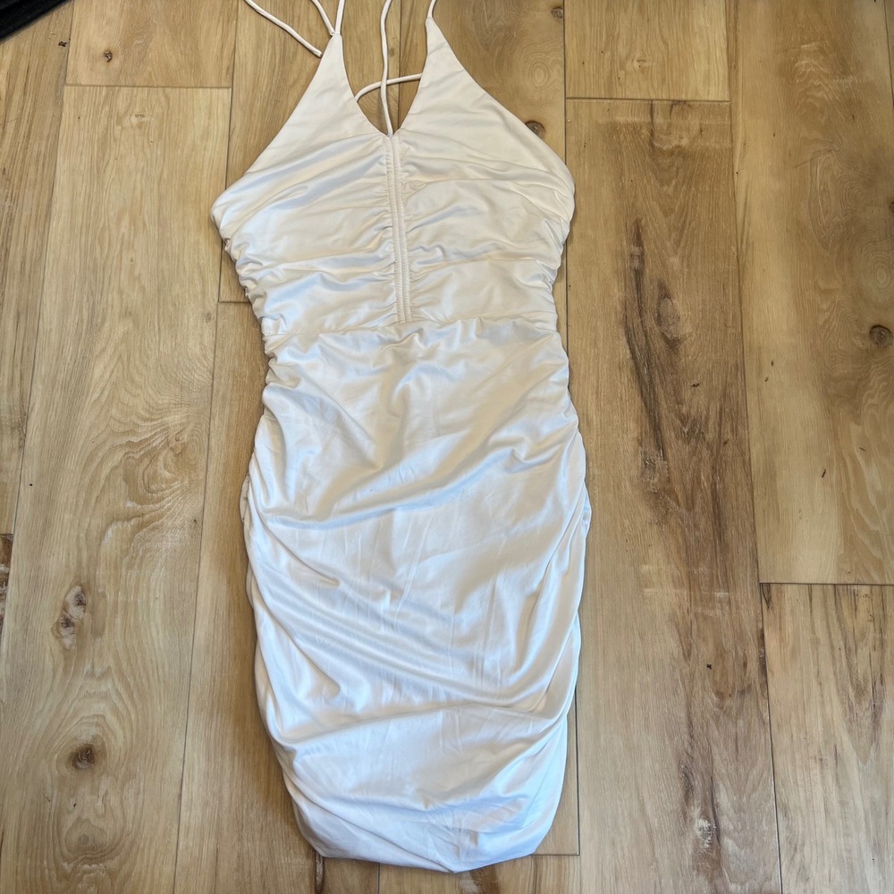 Princess Polly White Ruched Mini Dress Halter Neck Bodycon Size 6
